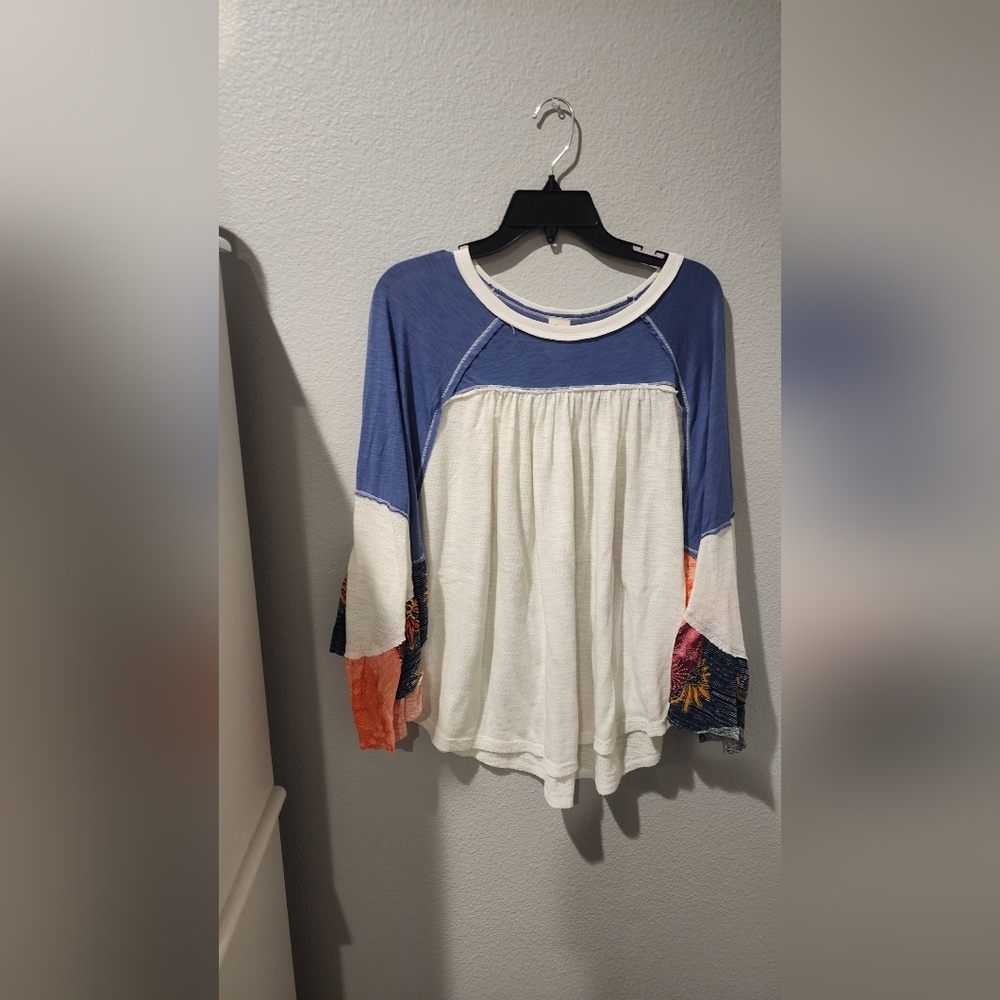 We The Free Blue and Cream Long Sleeve Top